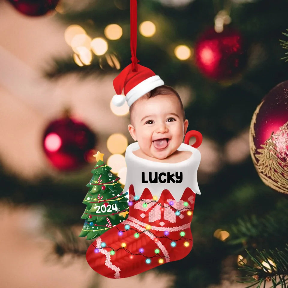 Baby In The Christmas Sock - Personalized Photo Acrylic Ornament - Christmas Gift for Newborn Baby, for New Parents