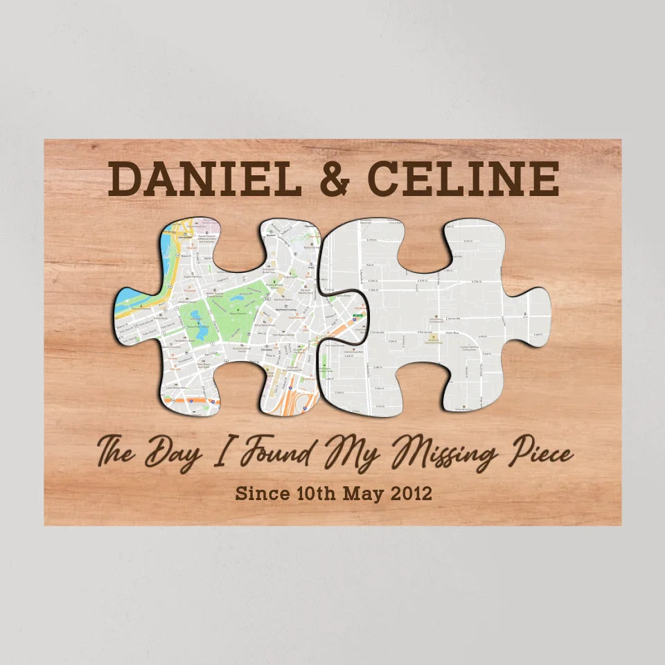 The Day I Found My Missing Piece - Custom Puzzle Map Canvas Poster - Anniversary Gift For Couples
