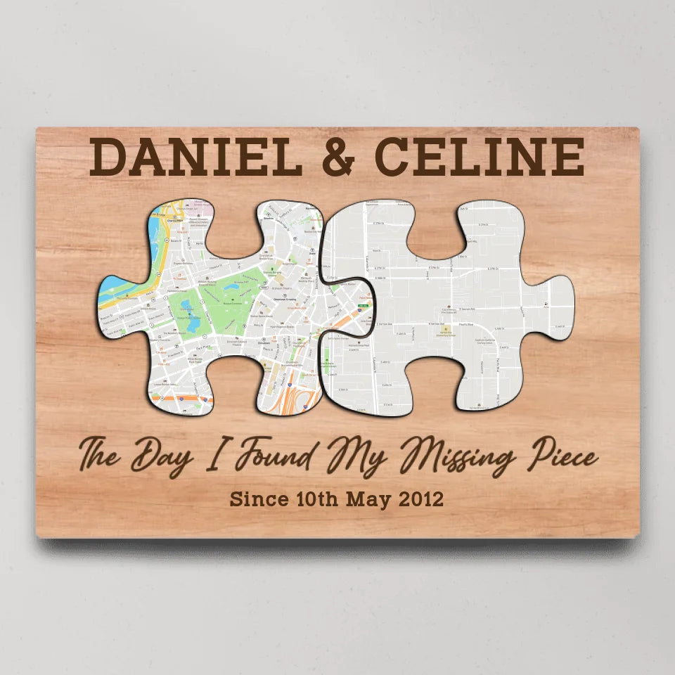 The Day I Found My Missing Piece - Custom Puzzle Map Canvas Poster - Anniversary Gift For Couples