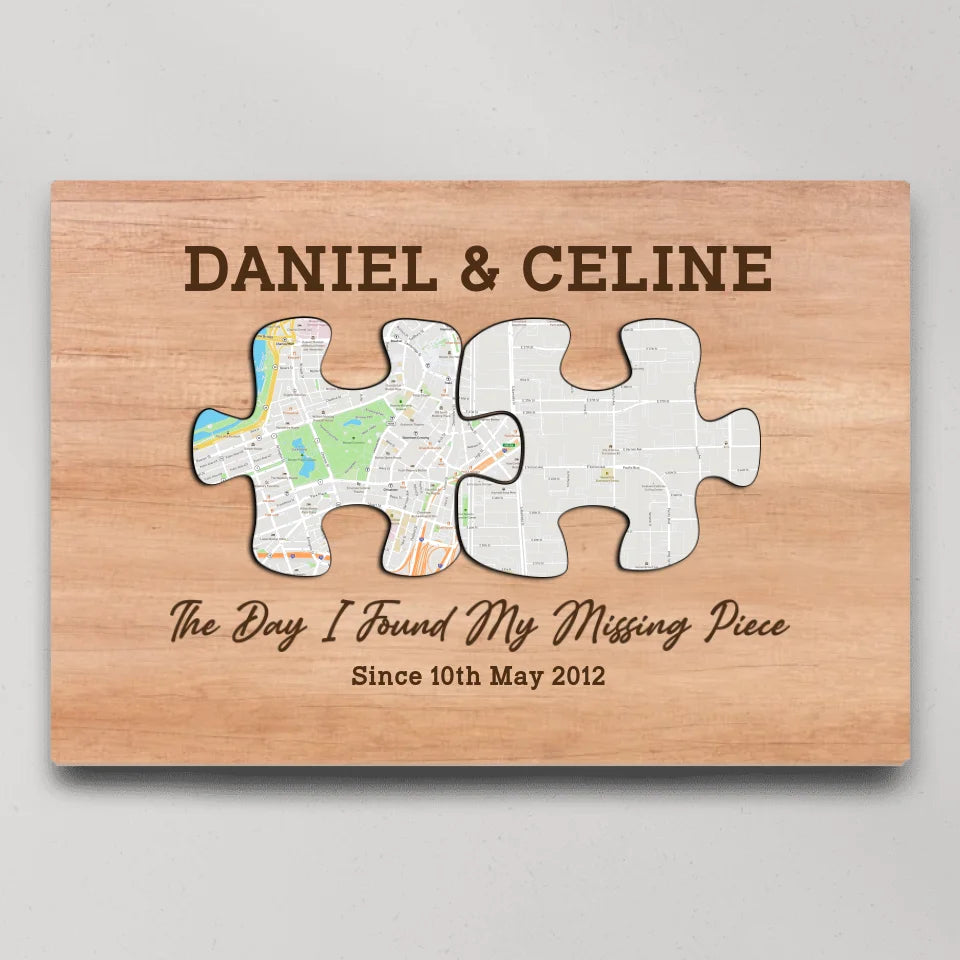 The Day I Found My Missing Piece - Custom Puzzle Map Canvas Poster - Anniversary Gift For Couples