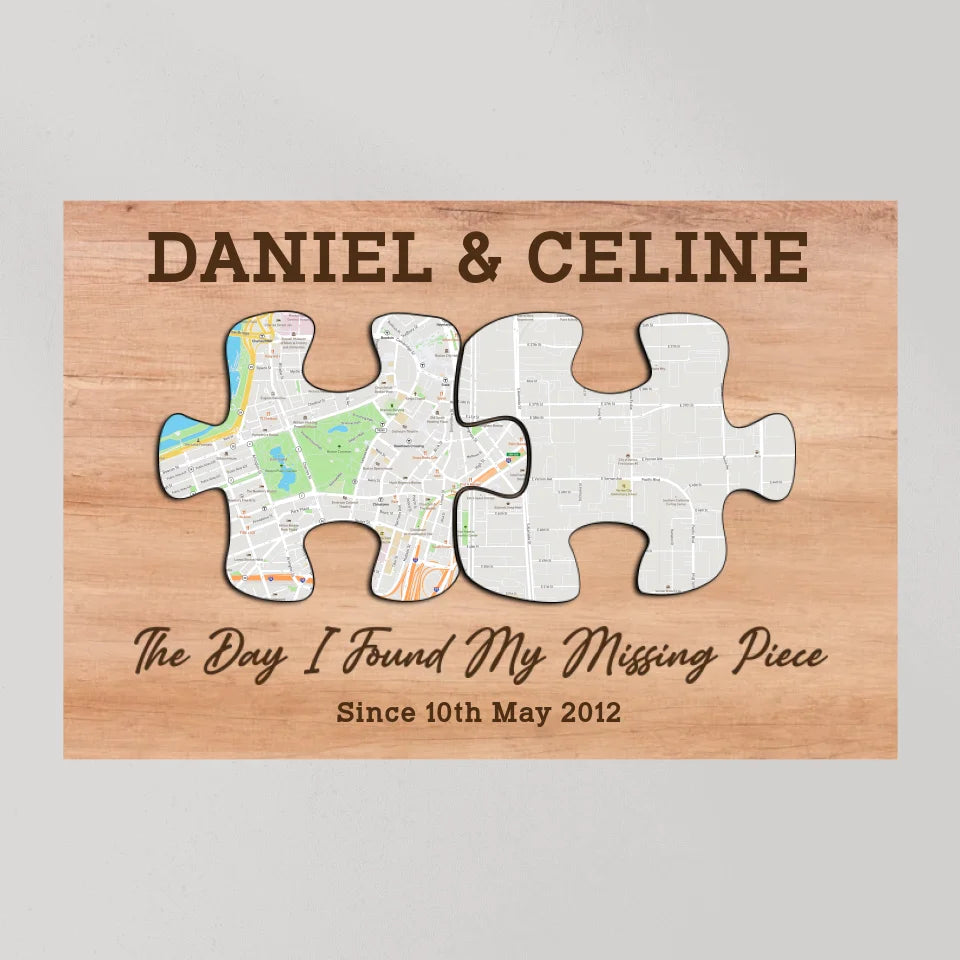 The Day I Found My Missing Piece - Custom Puzzle Map Canvas Poster - Anniversary Gift For Couples