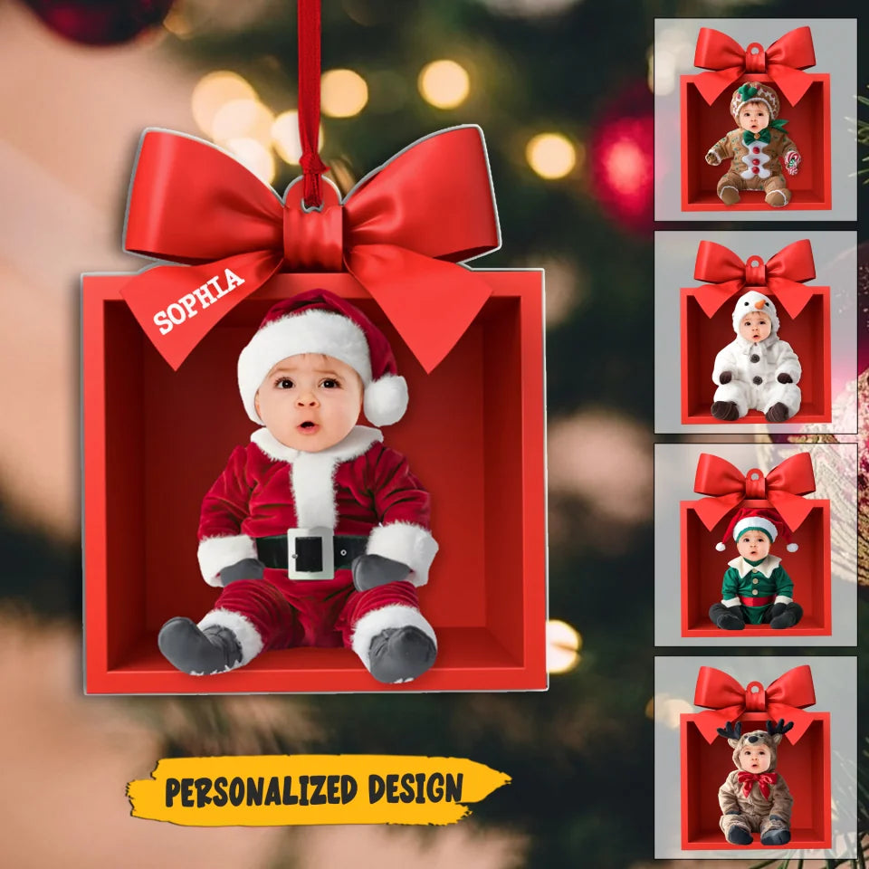 Custom Christmas Gift Box Ornament with Baby's Face - Personalized Photo Acrylic Ornament - Cute Gift for Kids, Newborn Baby