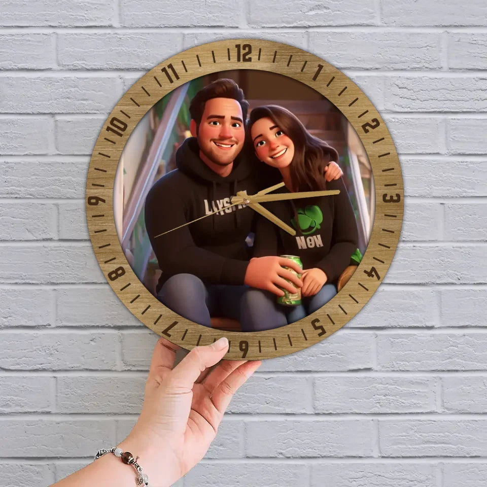 Couple Wooden Sign Cartoon Personalized Wall Clock - Gifts For Couple Family Christmas