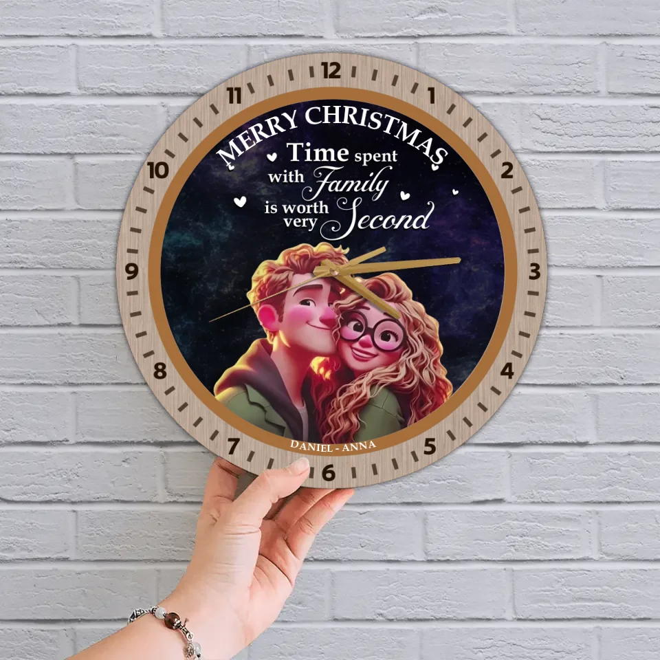 Couple Wooden Sign Time Spent With Family Is Priceless - Personalized Wall Clock - Family Gifts For Christmas