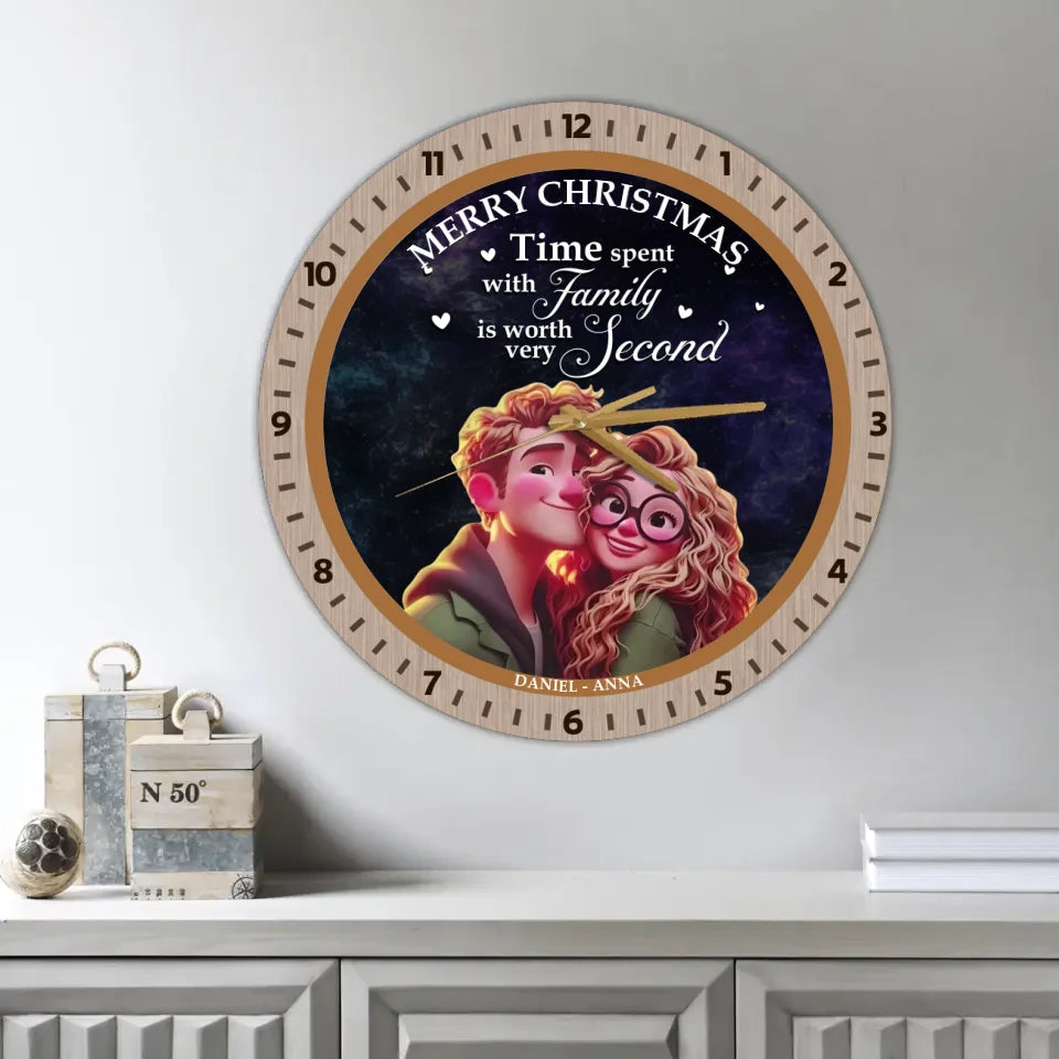 Couple Wooden Sign Time Spent With Family Is Priceless - Personalized Wall Clock - Family Gifts For Christmas