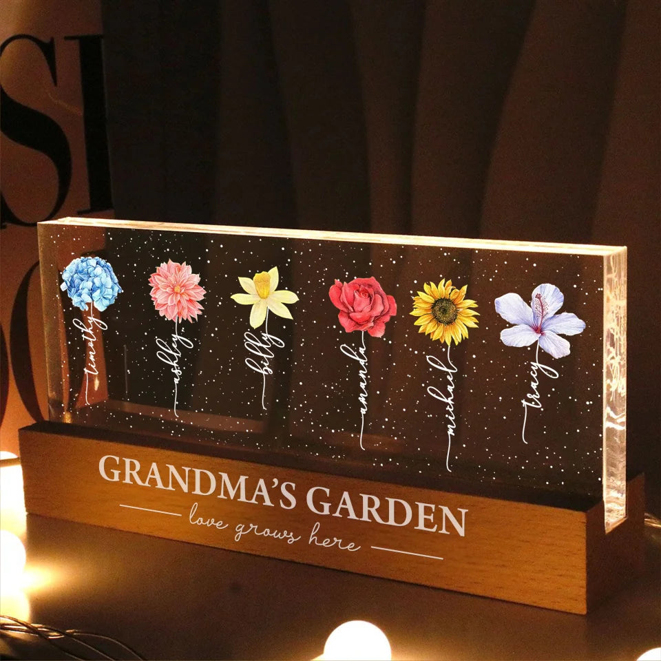 Grandma‘s Garden Birth Month Flower Personalized LED Night Light, Gift For Grandma Mom