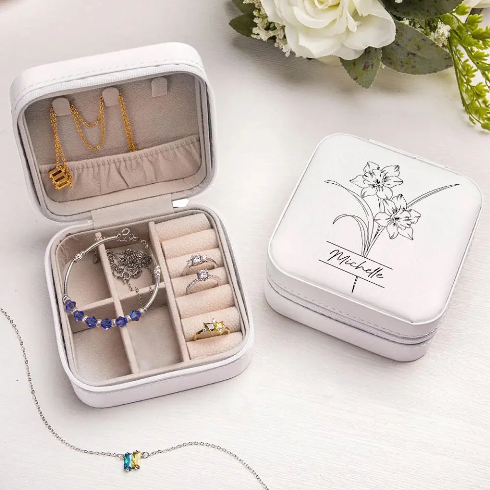 Name Birth Flower - Jewelry Travel Case, Vegan Leather Jewelry Organizer Box - Gift for Mother Wife Bridesmaids