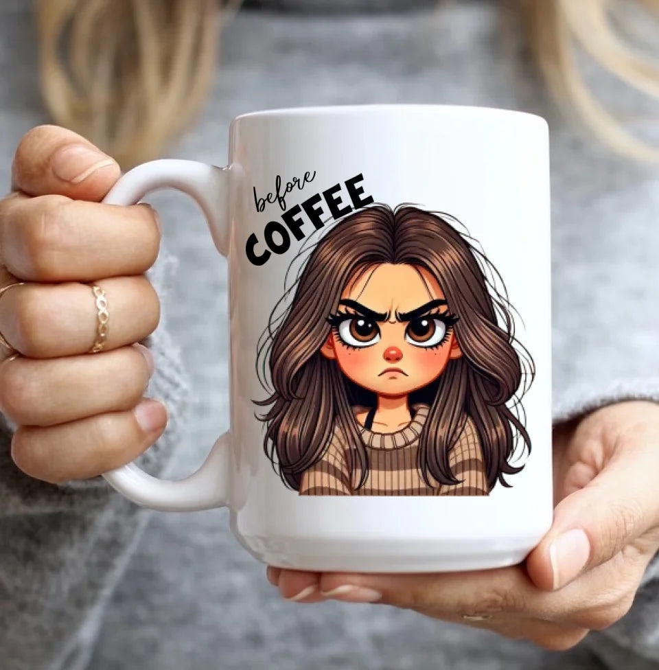 Before Coffee & Fully Caffeinated - Cute Girl Cartoon Style - Funny Coffee Mug - Gift for Coffee Lovers, Coffeeholic