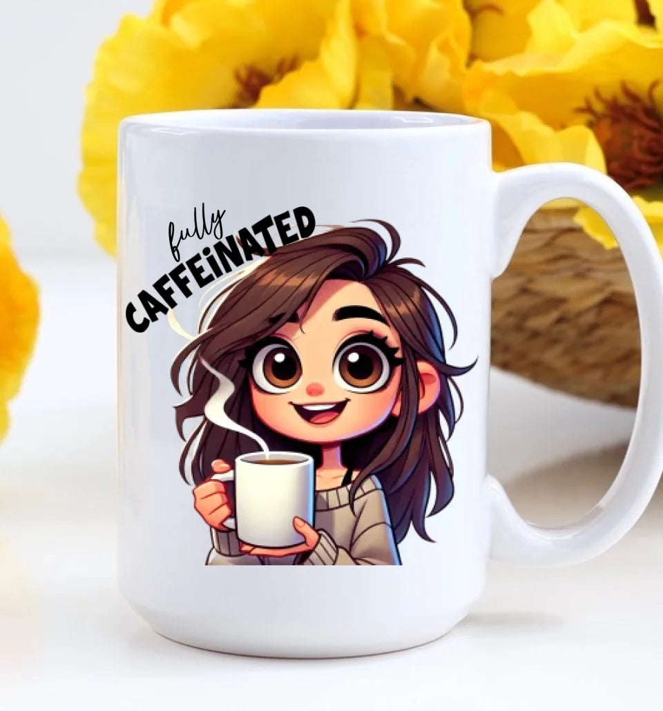 Before Coffee & Fully Caffeinated - Cute Girl Cartoon Style - Funny Coffee Mug - Gift for Coffee Lovers, Coffeeholic