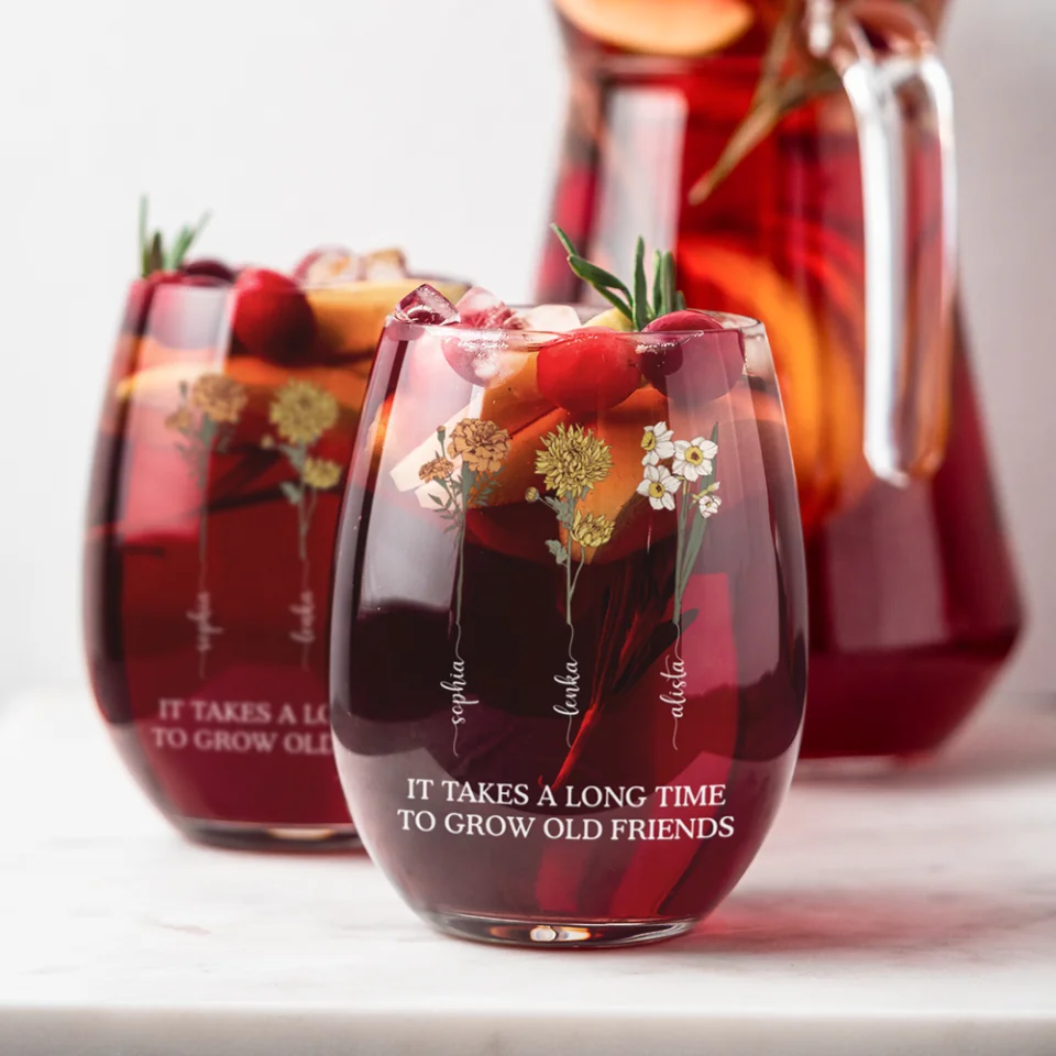 Birth Flower Grow An Old Friend Bestie - Personalized Stemless Wine Glass - Gift For Friends