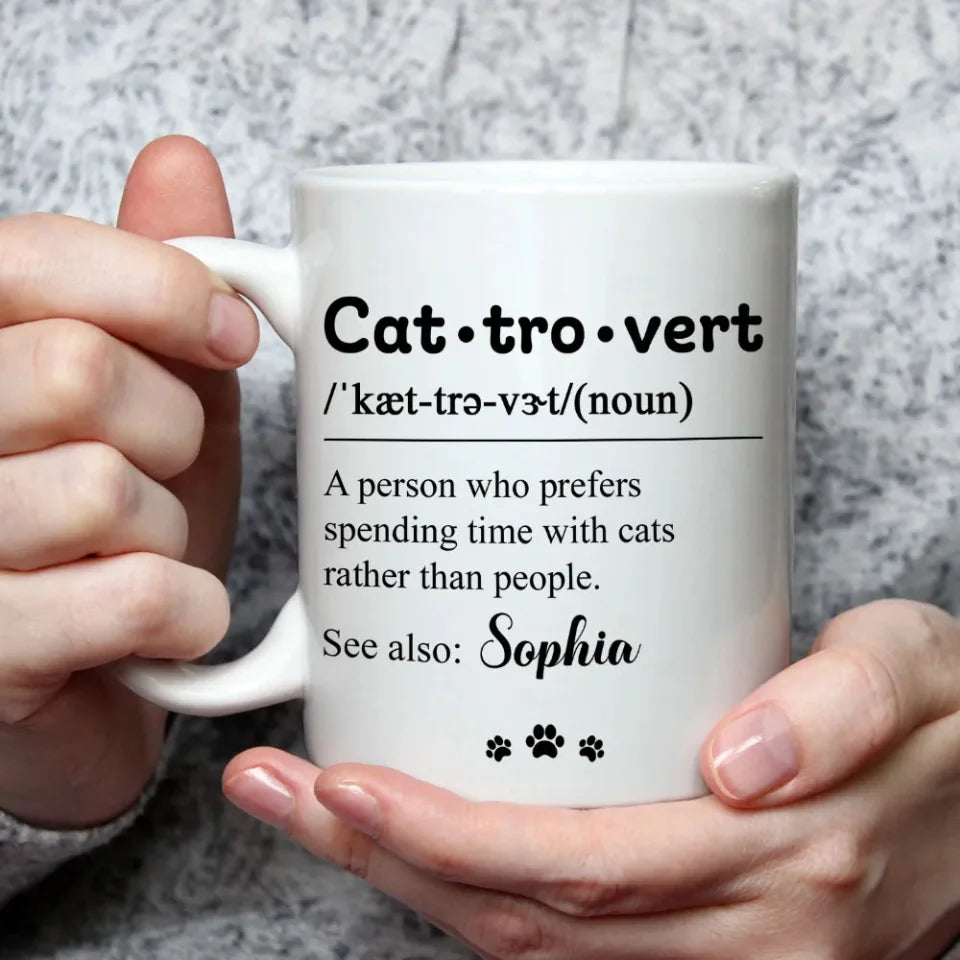 Cattrovert Definition Mug - Personalized Name Coffee Mug - Custom Cup Gift for Cat Lovers, Cat Mom, Cat Dad