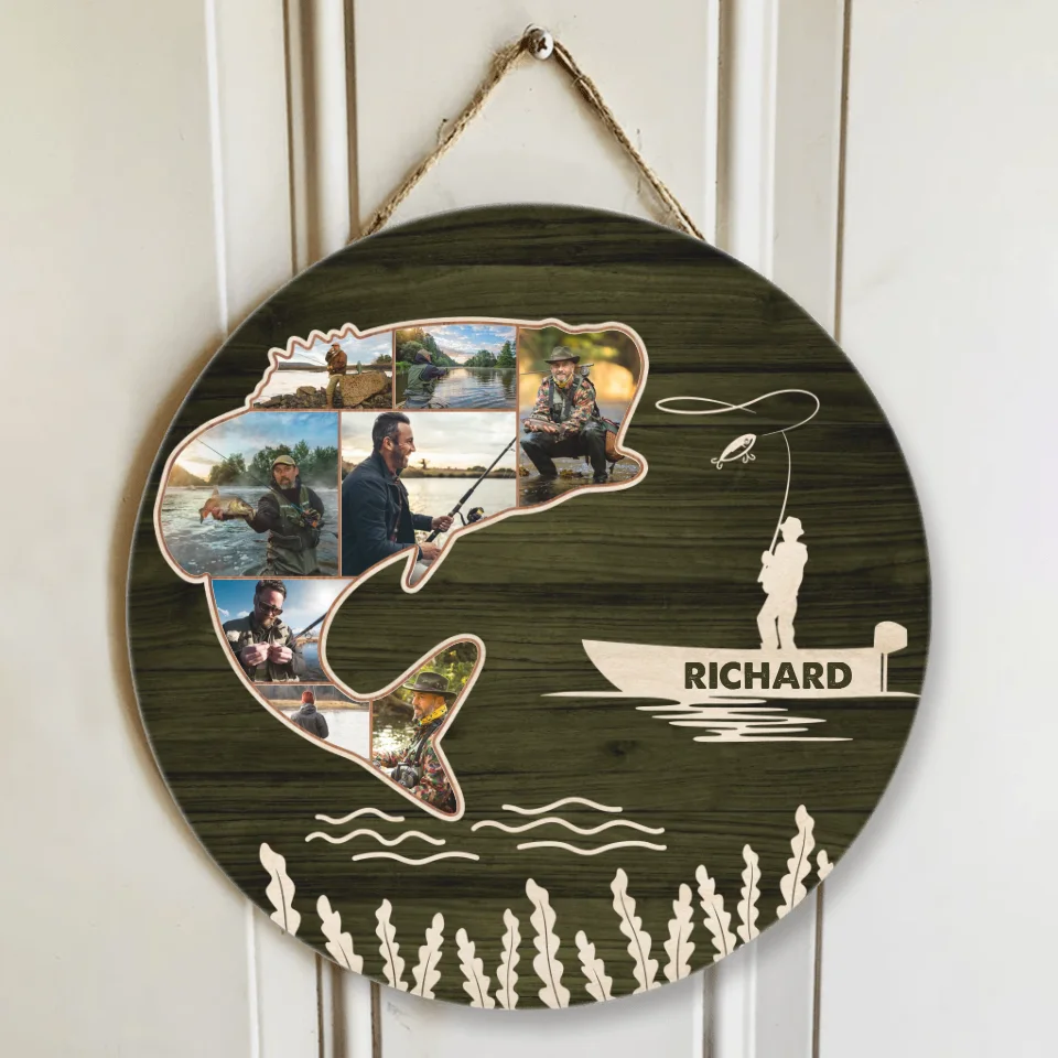 Fishing Man - Personalized Round Wooden Sign with Photo - Custom Fishing Gift for Fishing Lovers, Fishing Dad, Guy Friends