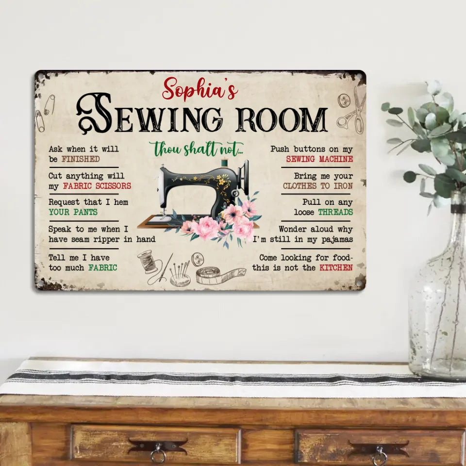 Personalized Sewing Room Rules Metal Sign - Sewing Wall Decor - Gift for Sewers, Sewing Lovers