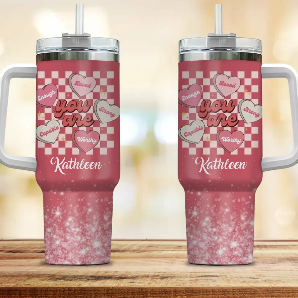 Personalized Valentine Gifts - Pink Valentine Background - 40oz Tumbler with Handle - Y2K Hearts - Sweet Gifts for Her