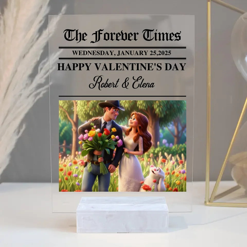 Personalized Valentine Gifts - Personalized Couple Newspaper Acrylic Plaque - Custom Photo Cartoon Style Plaque - Anniversary, Valentine's Day Gift - Couple Gifts