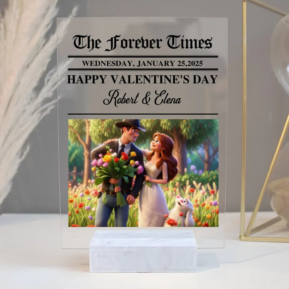 Personalized Valentine Gifts - Personalized Couple Newspaper Acrylic Plaque - Custom Photo Cartoon Style Plaque - Anniversary, Valentine's Day Gift - Couple Gifts