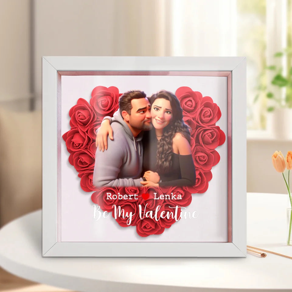 Personalized Cartoon Photo Style - Custom Upload Image Heart Flower Shadow Box - Anniversary, Valentine's Day Gift for Couples