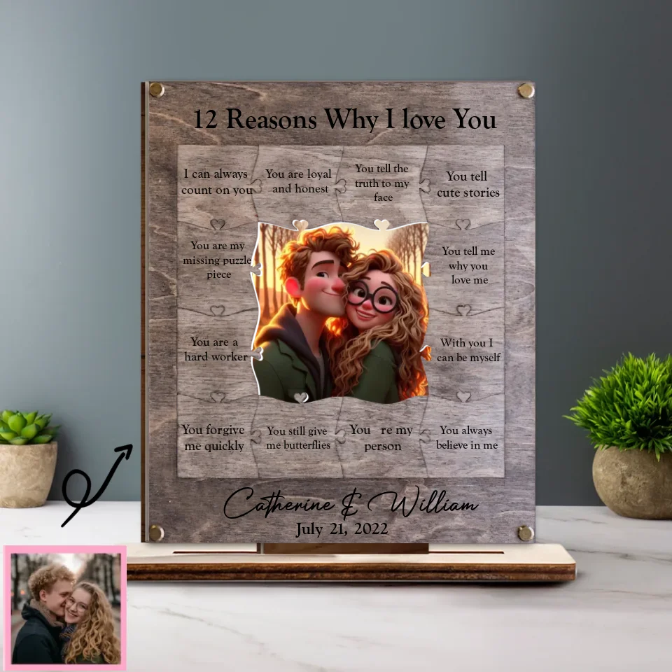 12 Reasons Why I Love You with Acrylic/ Wooden Photo Plaque, Personalized Valentine's Day Anniversary Gift