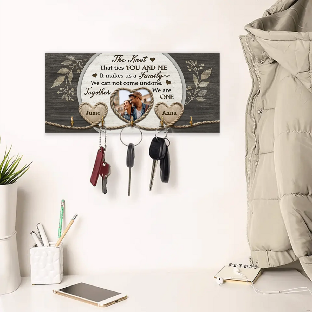 Couple Wooden Sign The Knot Custom Photo Gifts For Couple - Personalized Wooden Key Holder - Couple Home Decor - Valentine Gifts