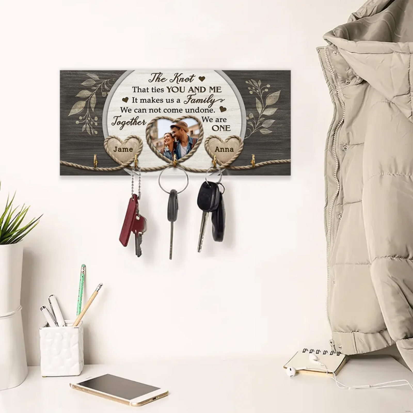 Couple Wooden Sign The Knot Custom Photo Gifts For Couple - Personalized Wooden Key Holder - Couple Home Decor - Valentine Gifts