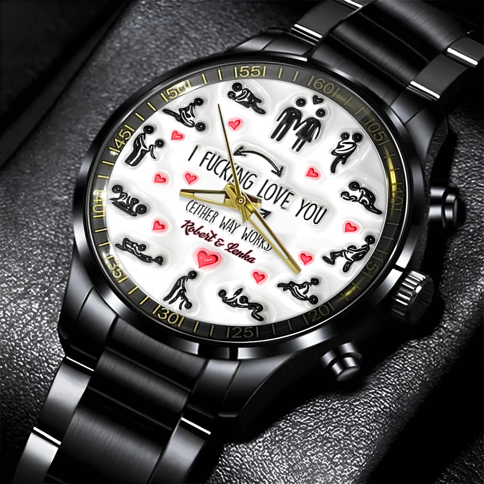 I F*cking Love You - Personalized Couple Black Stainless Steel Watch - Sexy Gift for Him - Funny Valentine Gift for Husband, Boyfriend