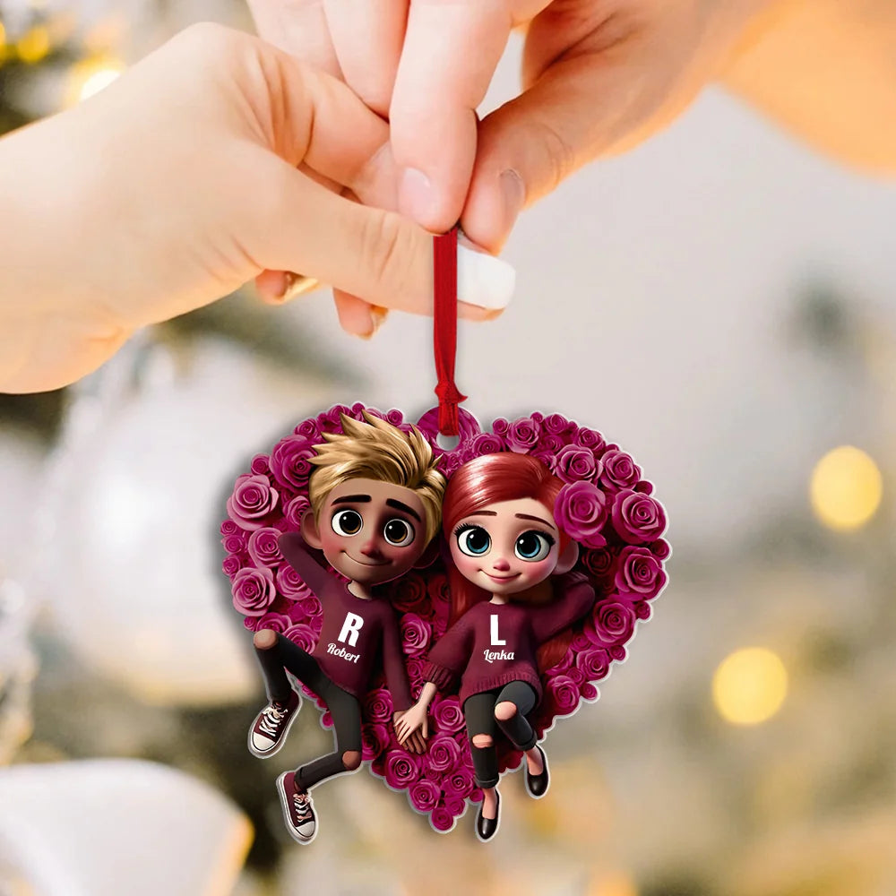 Rose Heart Couple Personalized Acrylic Ornament - Valentine's Day Gift for Her, Him - Cute Couple Keepsake