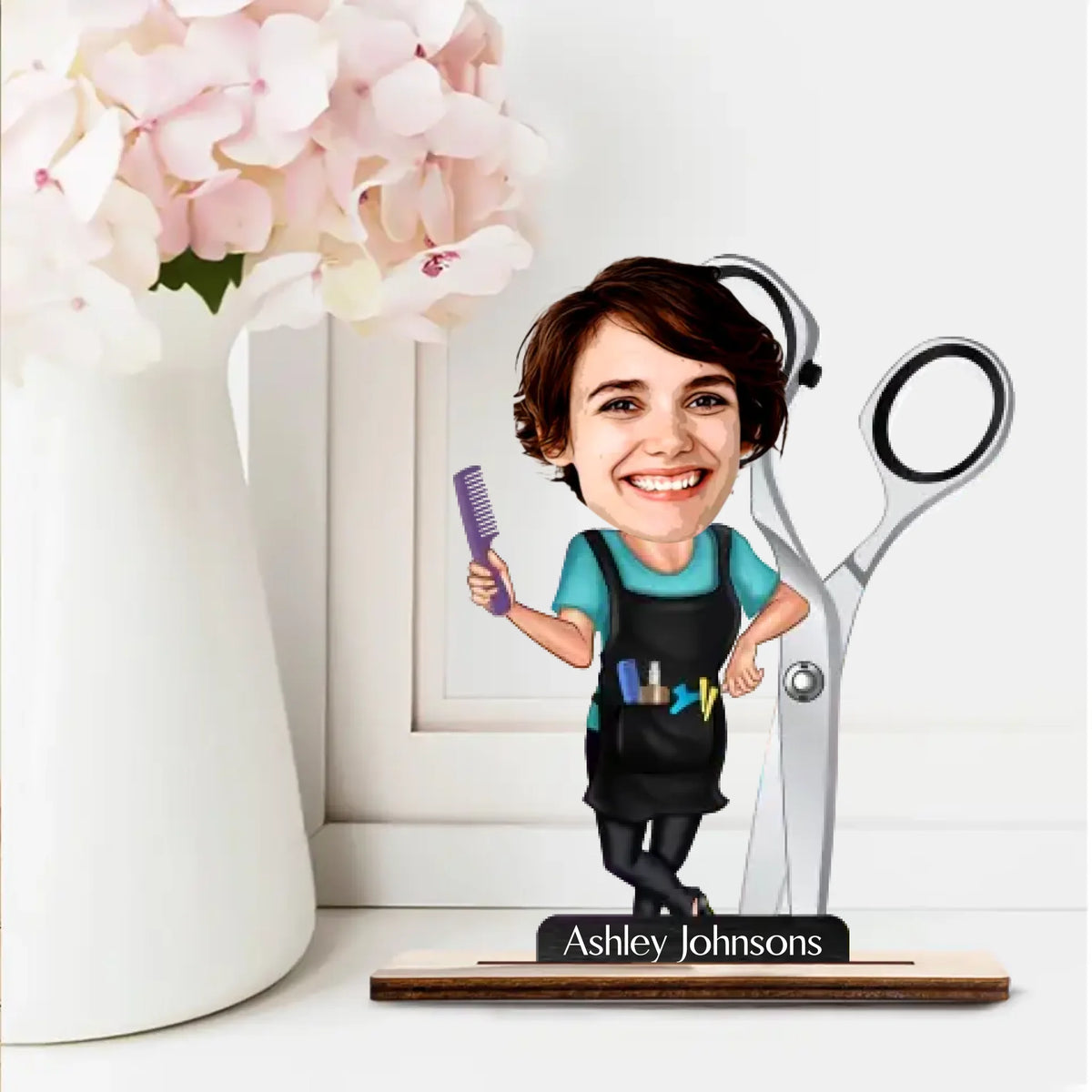 Personalized 3D Wooden Cartooned Hairdresser, Custom Wooden Plaque, Gift For Barber, Hair Stylist | 312IHPLNWP13458