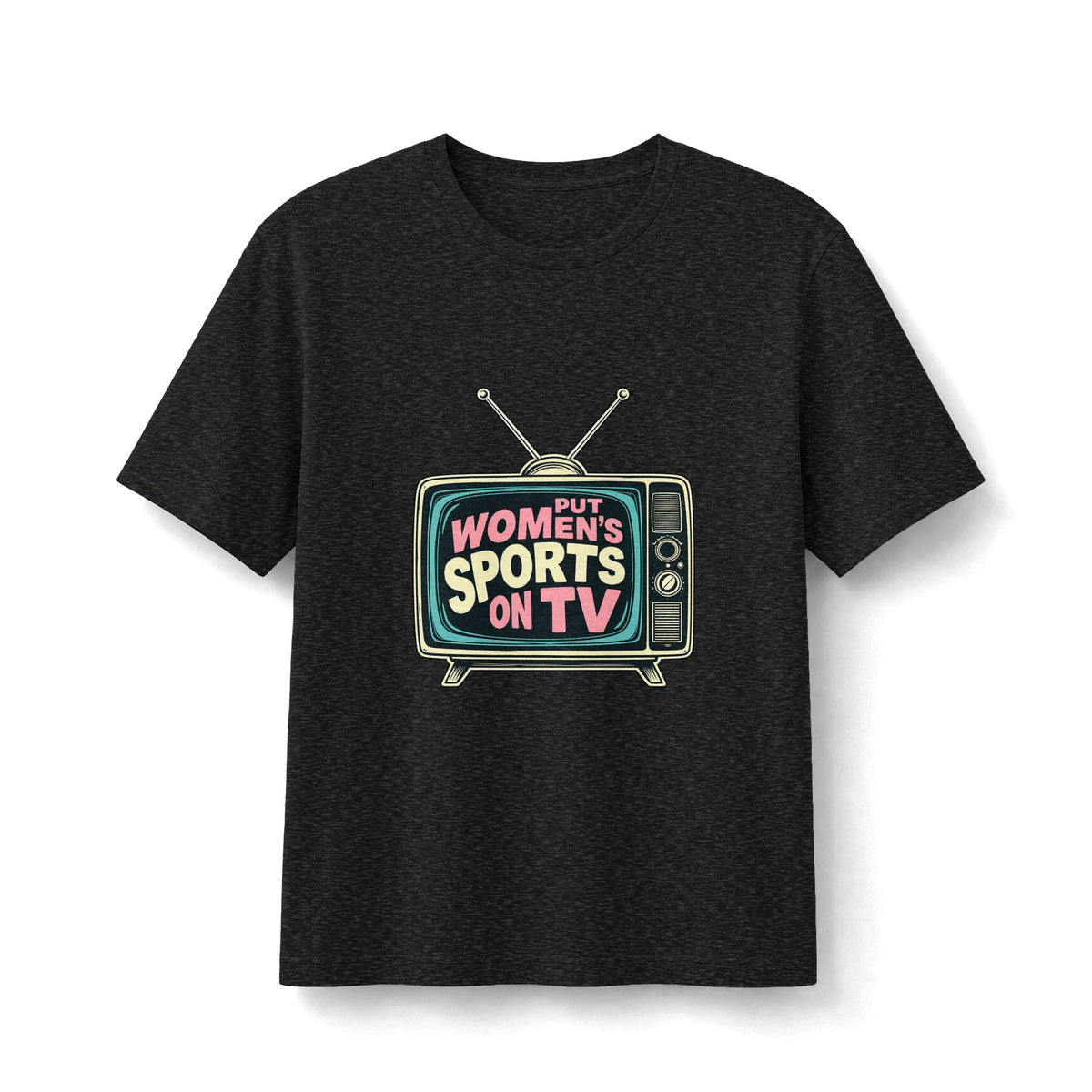 Put Women’s Sports on TV Tee — Retro TV Graphic Shirt for Sports Fans & Advocates