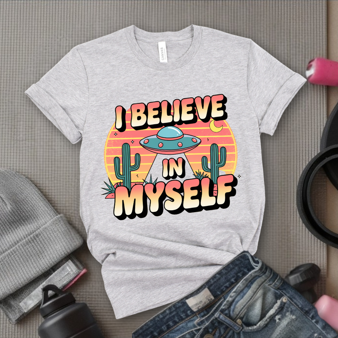 Vintage I Believe in Myself UFO T-shirt - Unisex Jersey Short Sleeve Shirt - Women Empowerment Inspired Tee - Gift for Yourself - Bella Canvas 3001
