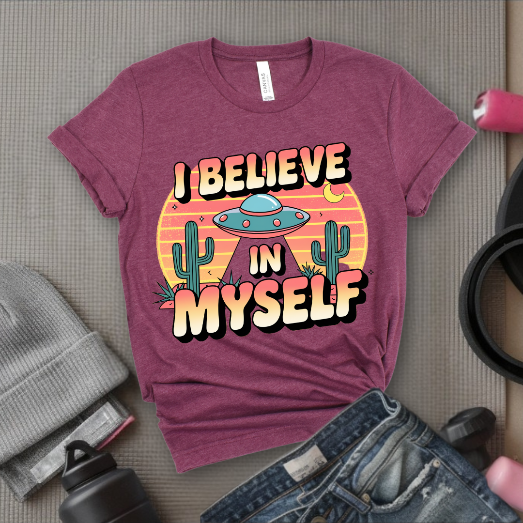 Vintage I Believe in Myself UFO T-shirt - Unisex Jersey Short Sleeve Shirt - Women Empowerment Inspired Tee - Gift for Yourself - Bella Canvas 3001