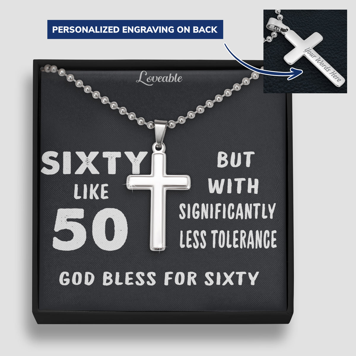 God Bless for Sixty - Stainless Steel Cross Necklace - 60th Birthday Gift for Him