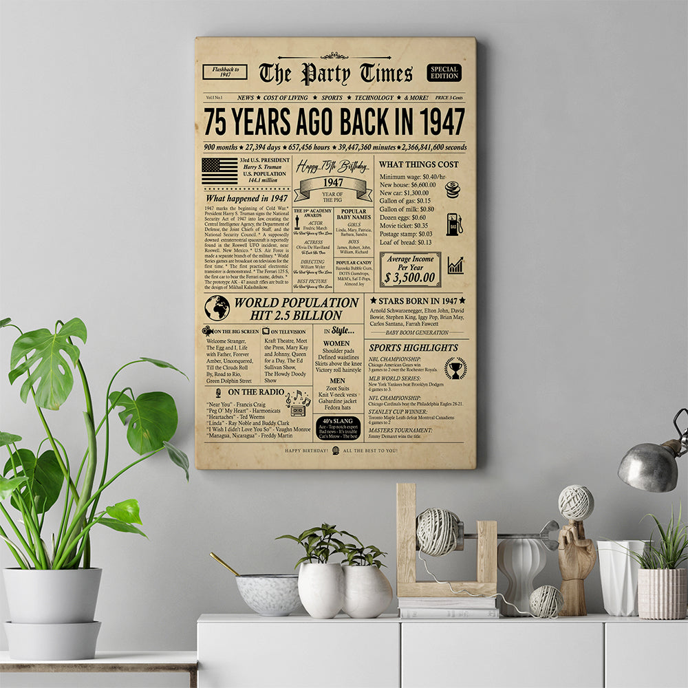 75th Birthday Gift For Him - 1947 Birthday Newspaper Poster/Canvas Sign - 75th Birthday Party Decorations - Back in 1947 207HNBNCA315