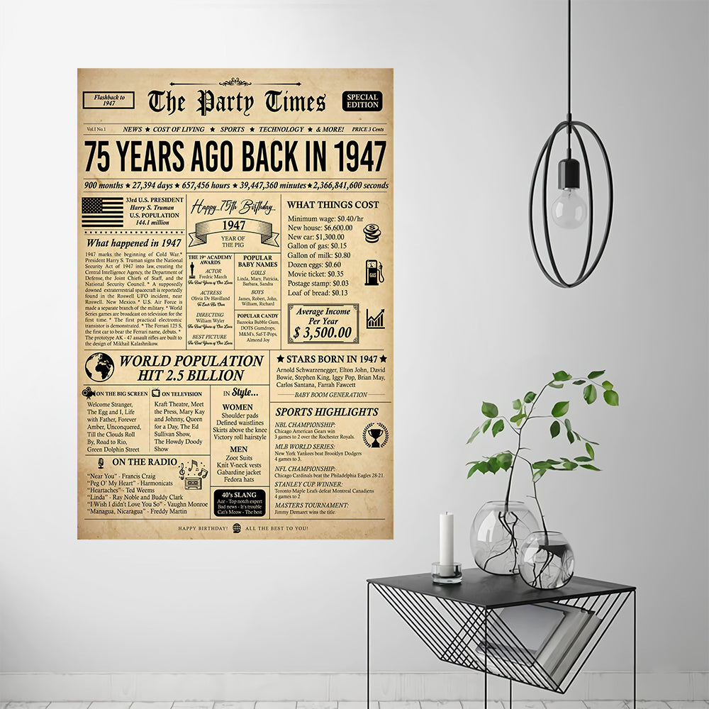 75 Years Ago Back in 1947 - Newspaper Poster/Canvas Sign - 75th Birthday Gift For Him