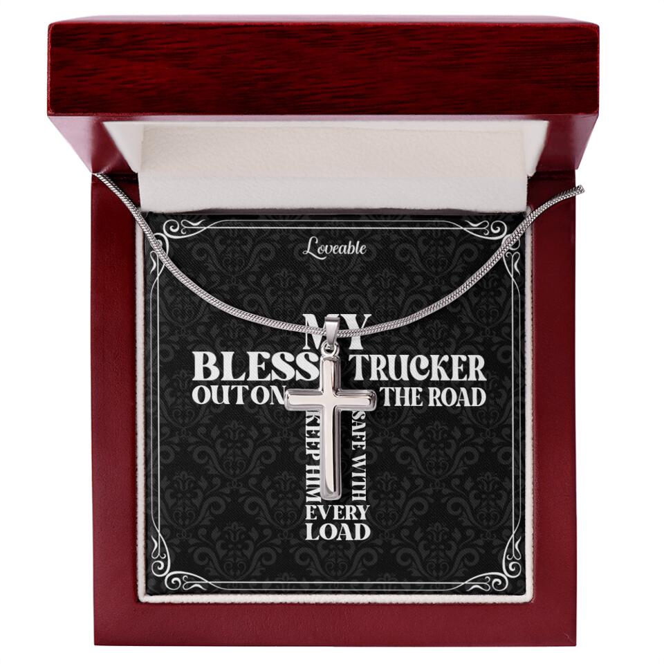 My Bless Trucker Out on the Road Personalized Stainless Cross Necklace