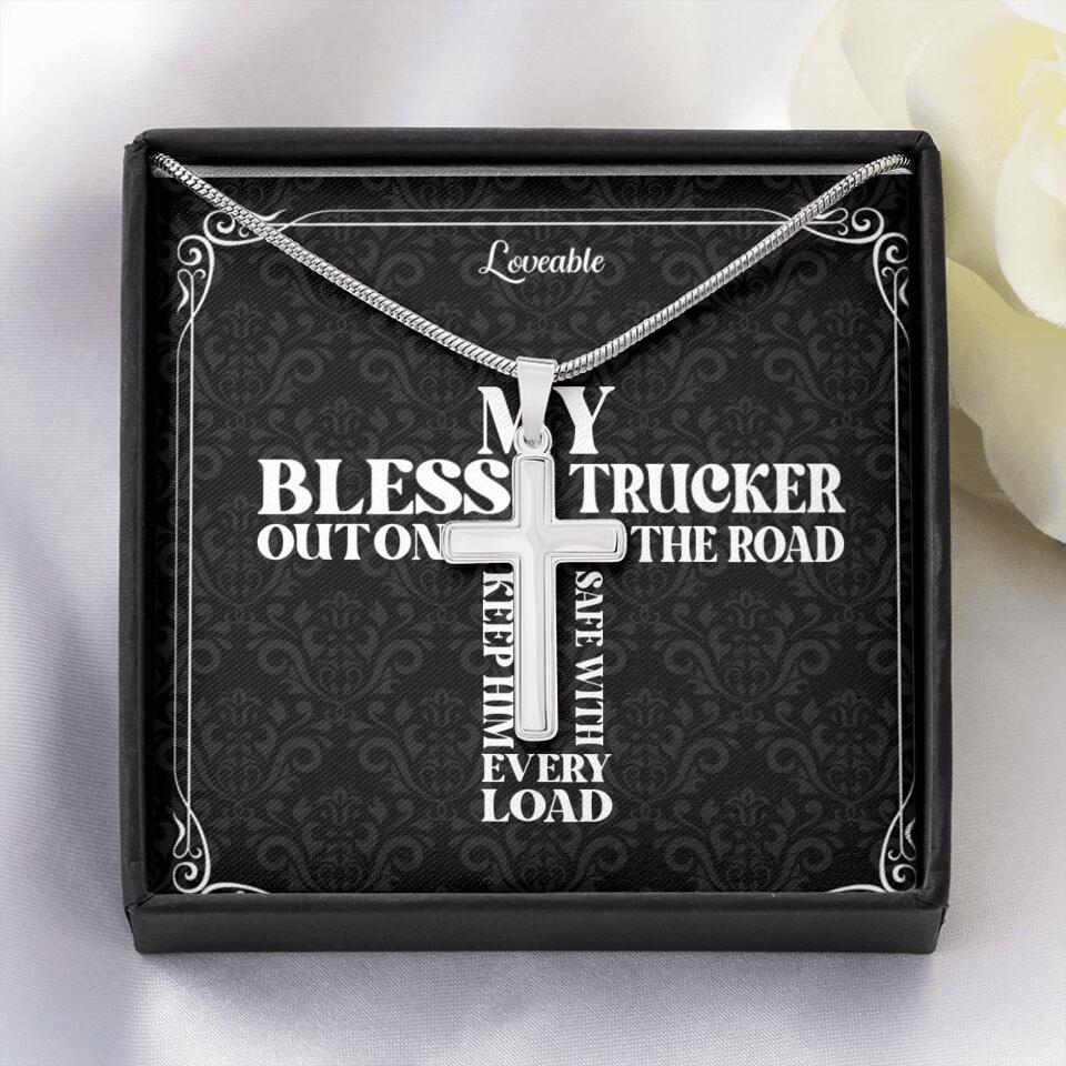 My Bless Trucker Out on the Road Personalized Stainless Cross Necklace