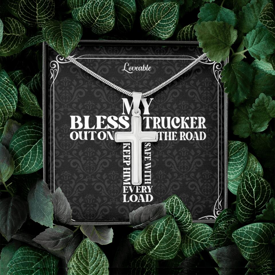 My Bless Trucker Out on the Road Personalized Stainless Cross Necklace