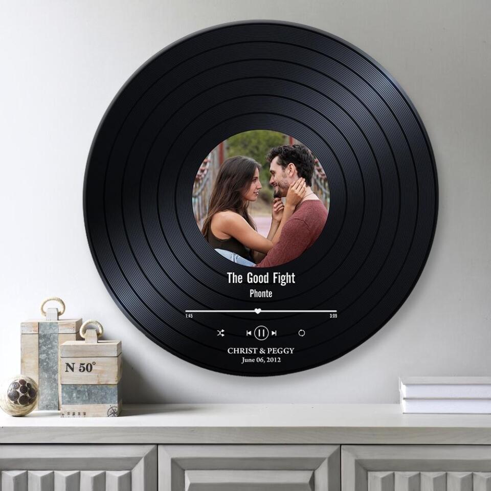 Couple Wooden Sign Photo, Name And Date Music Record Personalized Round Wood Sign