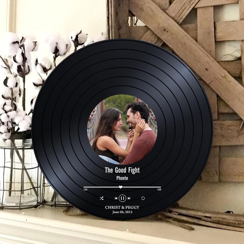 Couple Wooden Sign Photo, Name And Date Music Record Personalized Round Wood Sign