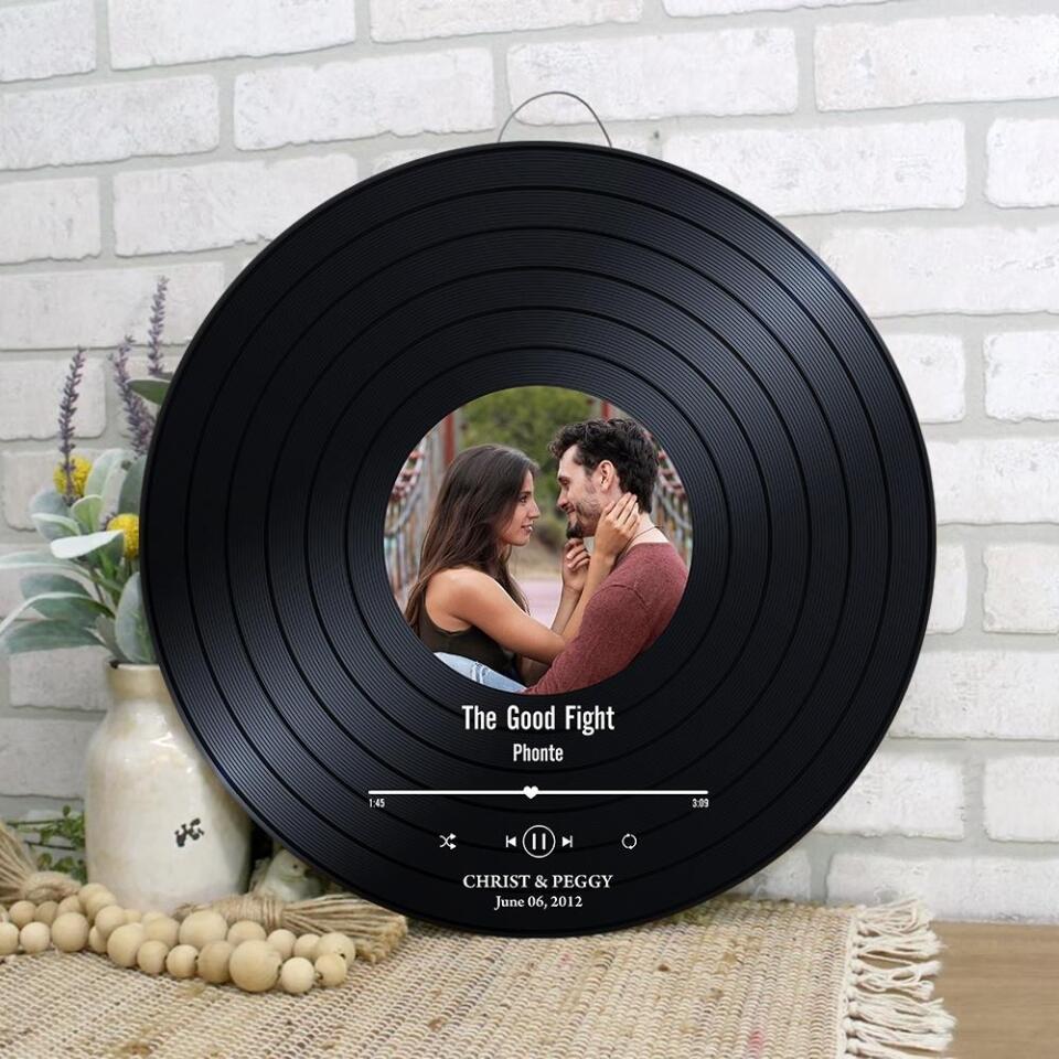 Couple Wooden Sign Photo, Name And Date Music Record Personalized Round Wood Sign