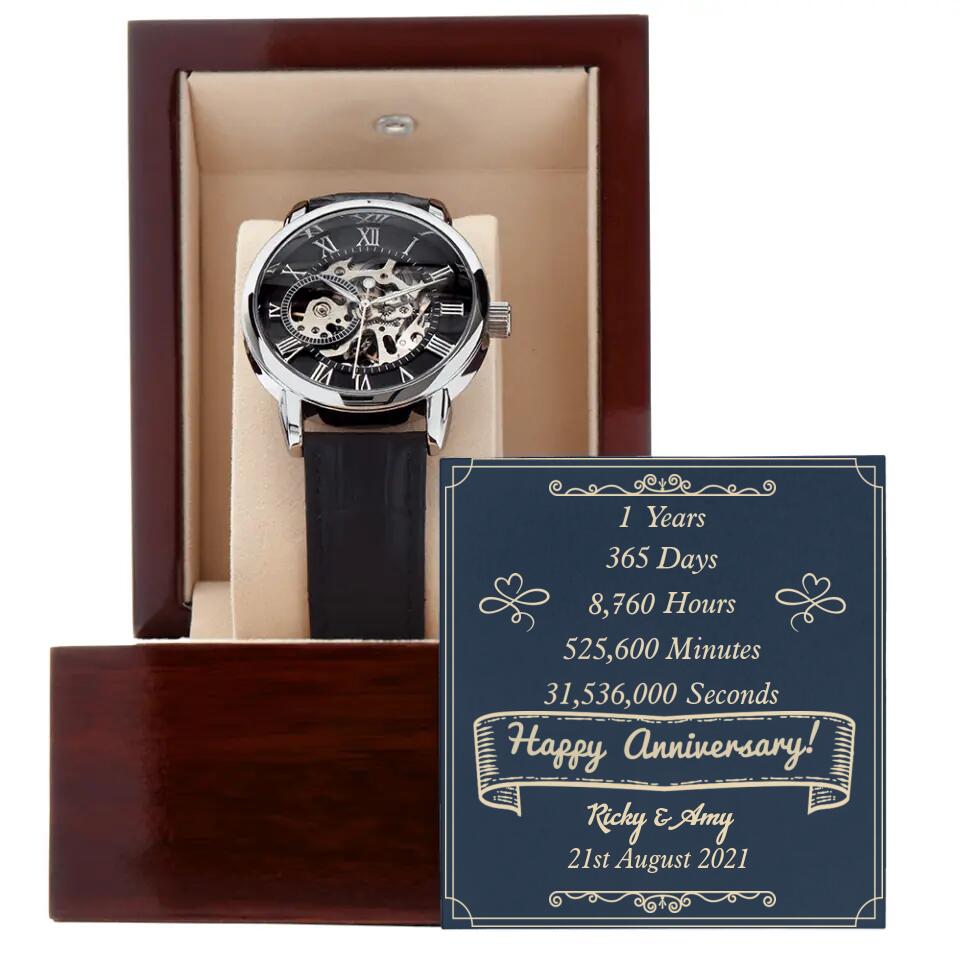 Happy 1 Year Anniversary - Personalized Luxury Men&#39;s Watch With Box and Message Card - Best 1 Year Anniversary Gifts For Him Husband - 208IHPTHWA052