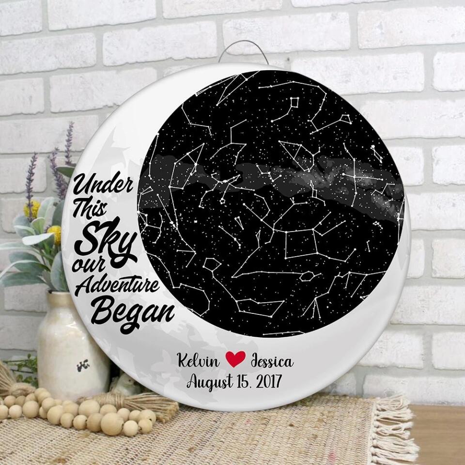 Couple Wooden Sign Under This Sky Our Adventure Began - Custom Star Map Decorative - Persaonalized Round Wooden Sign - Best Anniversary Gifts - 208IHPBNRW117