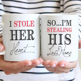 I Stole Her Heart, So I'm Stealing His Last Name Couple Mugs - His and Hers Matching Coffee Mug Cup Set - Perfect Wedding Anniversary Gifts - 209IHPTHMU147