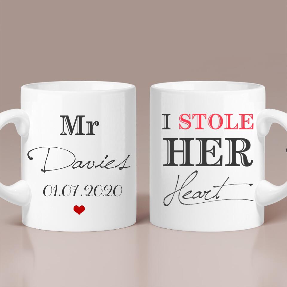 I Stole Her Heart, So I'm Stealing His Last Name Couple Mugs - His and Hers Matching Coffee Mug Cup Set - Perfect Wedding Anniversary Gifts - 209IHPTHMU147