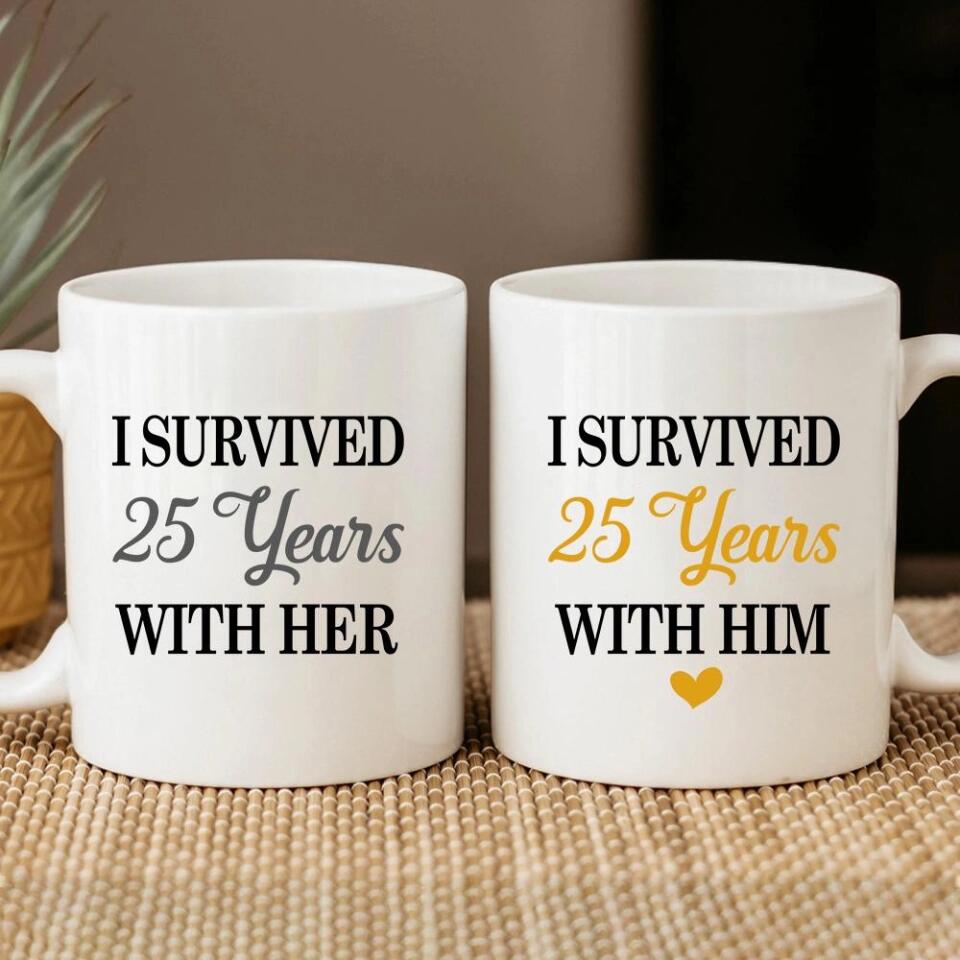 I Survived With Him/Her - Couple Mug Set, Best Personalized Anniversary Gift for Husband and Wife - 209IHNNPMU632