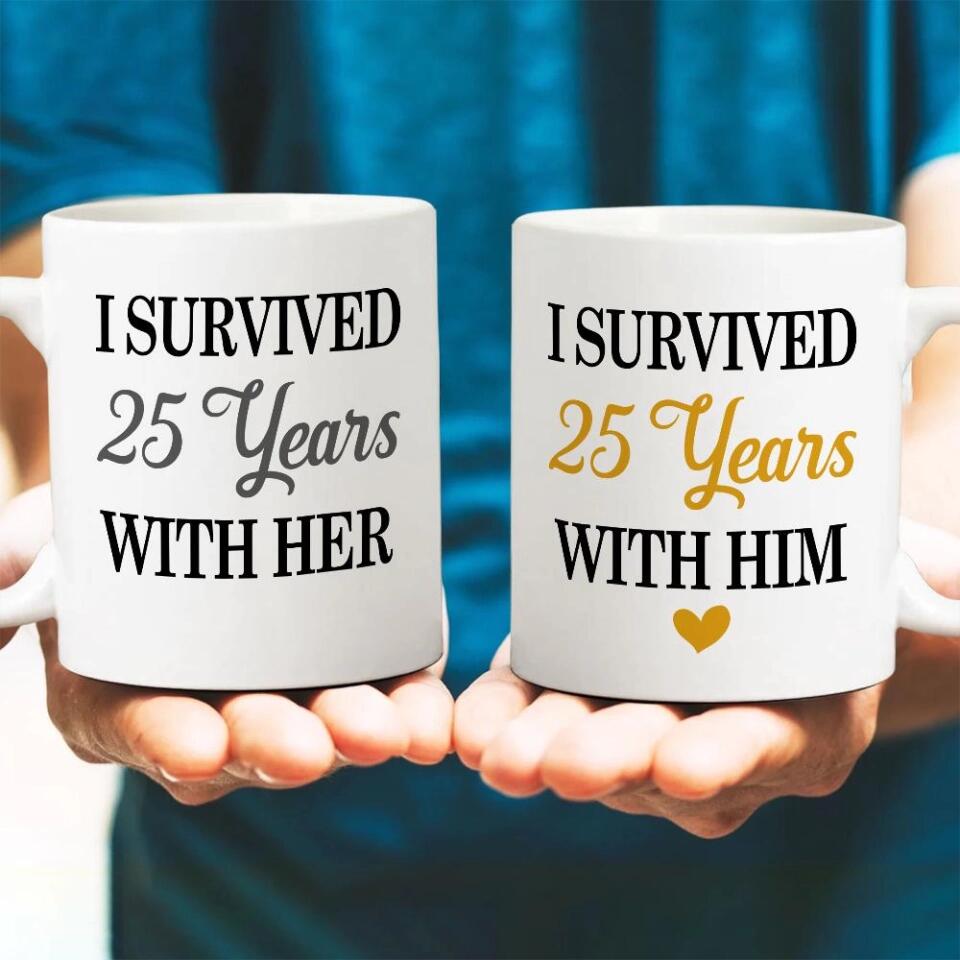 I Survived With Him/Her - Couple Mug Set, Best Personalized Anniversary Gift for Husband and Wife - 209IHNNPMU632