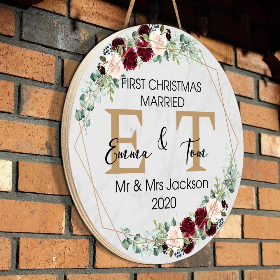 Couple Wooden Sign First Christmas Married - Custom Round Wooden Sign - Gift for Wedding Anniversary Christmas Decor
