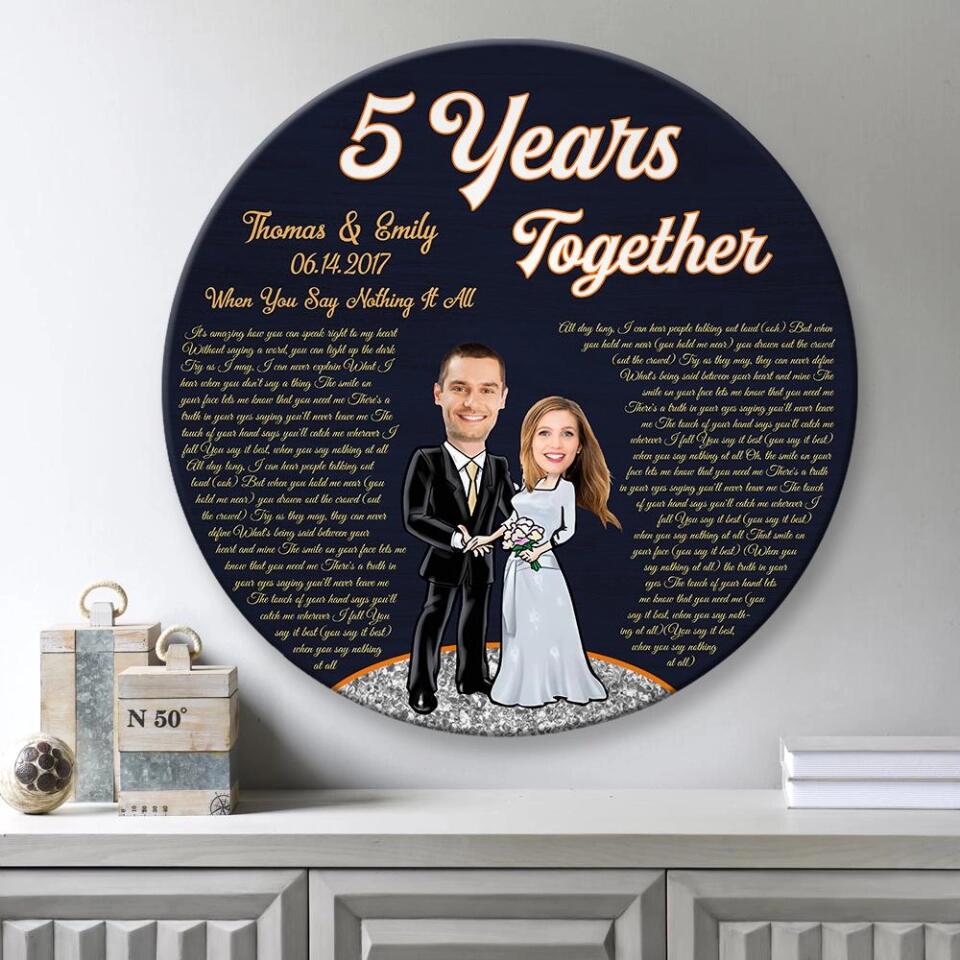 Couple Wooden Sign 5 Years Together - Personalized Upload Photo Round Wood Sign - 5th Anniversary Gift for Couples