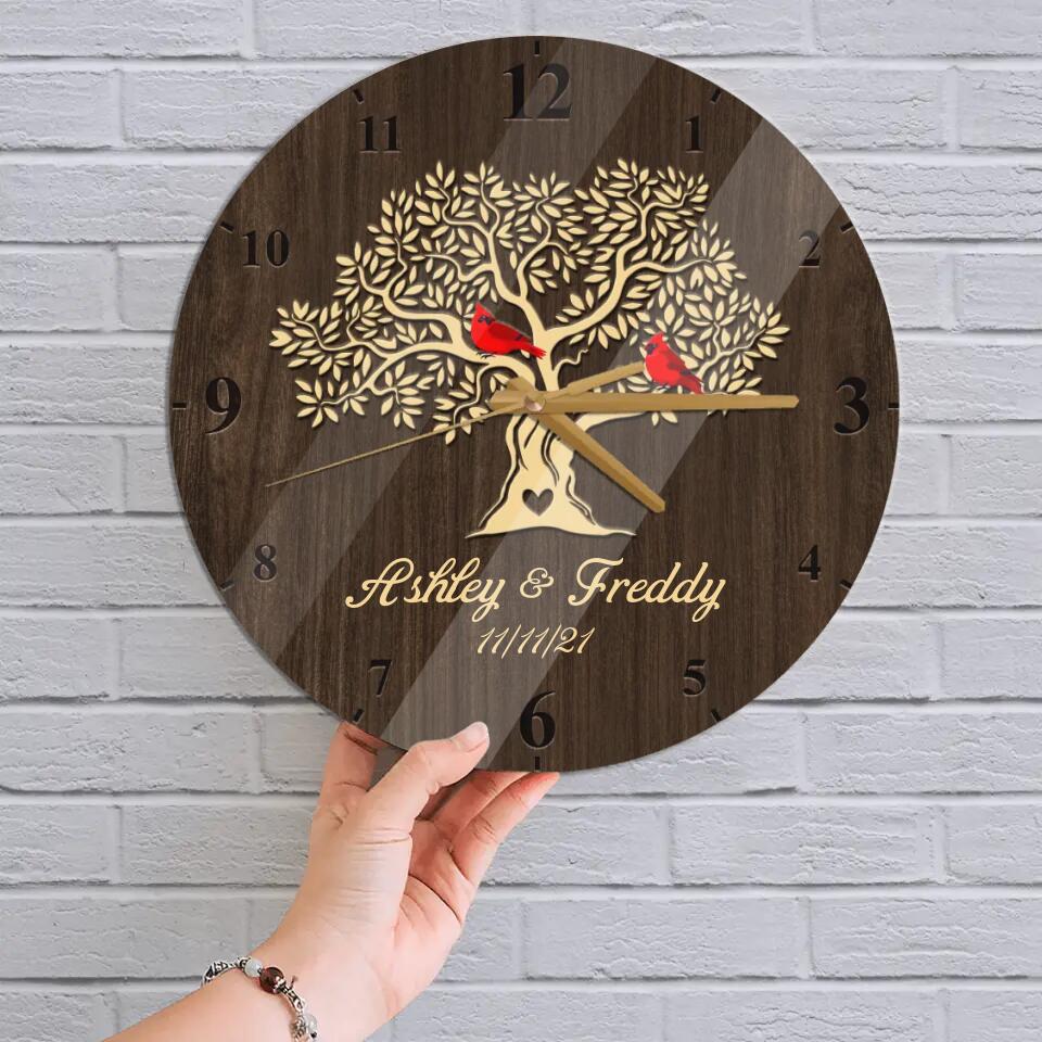 Cardinals On The Tree - Personalized Wooden Wall Clock - Anniversary Gift For Parents