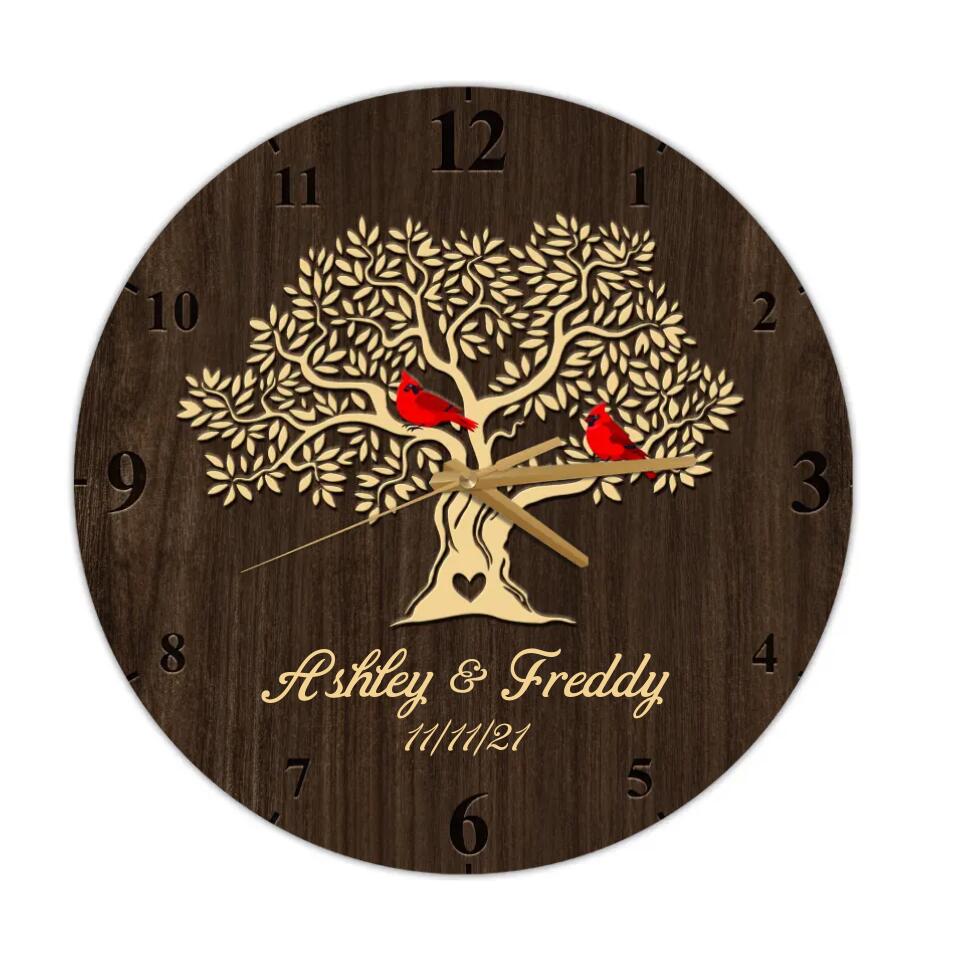 Cardinals On The Tree - Personalized Wooden Wall Clock - Anniversary Gift For Parents/ For Mom, For Her - 210IHNBNWC708
