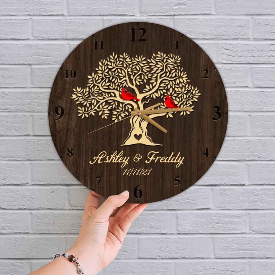 Cardinals On The Tree - Personalized Wooden Wall Clock - Anniversary Gift For Parents/ For Mom, For Her - 210IHNBNWC708